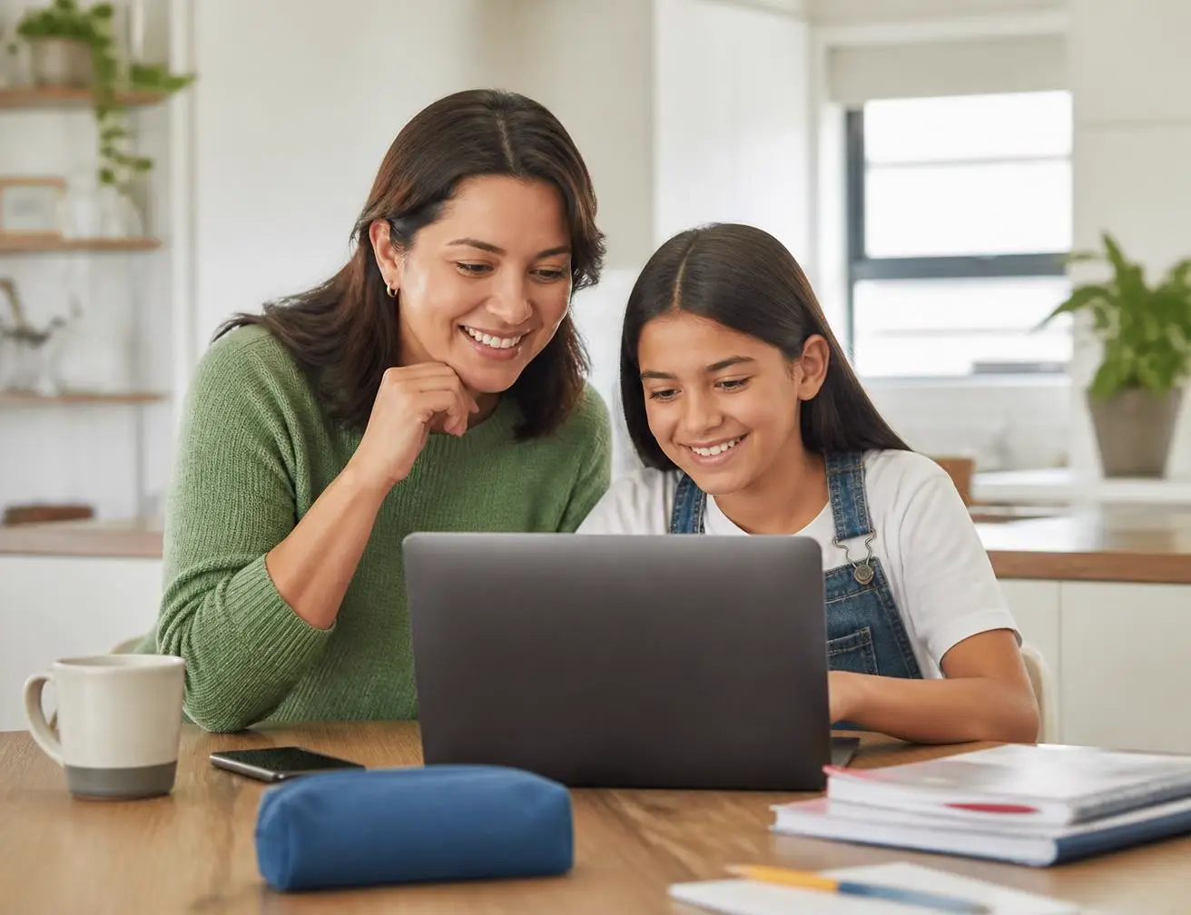 A parent and child reviewing schoolwork together on a laptop